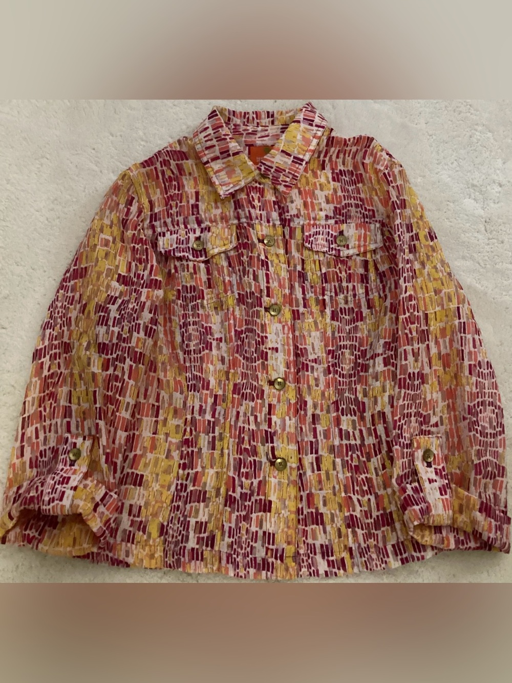 Hearts of palm Pink and Yellow Woven Patchwork Ladies Blouse Size 10 M/L